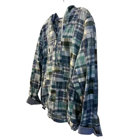 LL BEAN Women’s PATCHWORK Hoodie Anorak SHIRT 1/2 Zip Green Blue Size Large - Picture 2 of 7